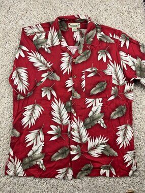 Paradise Coves Silk Shirt Red Short Sleeve Button Up Floral Men's Size M Medium